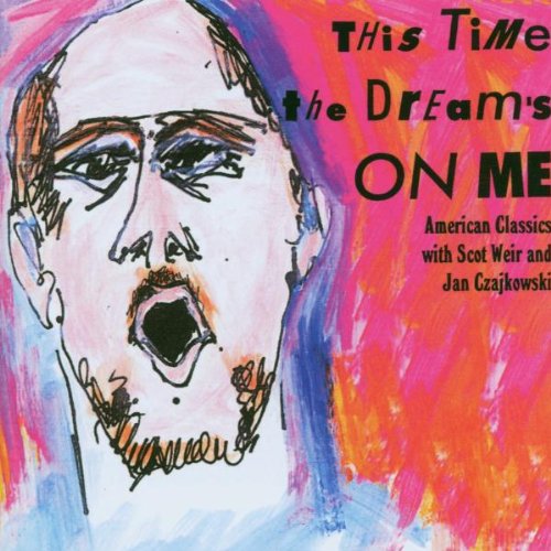 "CD cover with sketched man's face and bold title on colorful background."