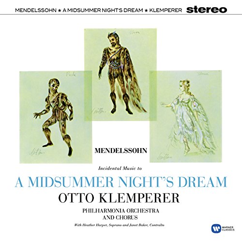 "Mendelssohn's 'A Midsummer Night's Dream' vinyl cover featuring three sketched characters."