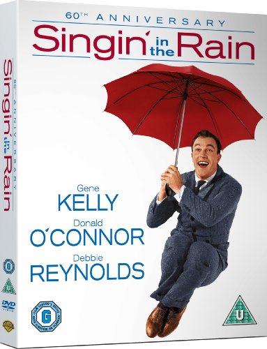 Singin' in the Rain" Blu-ray cover featuring Gene Kelly with a red umbrella.
