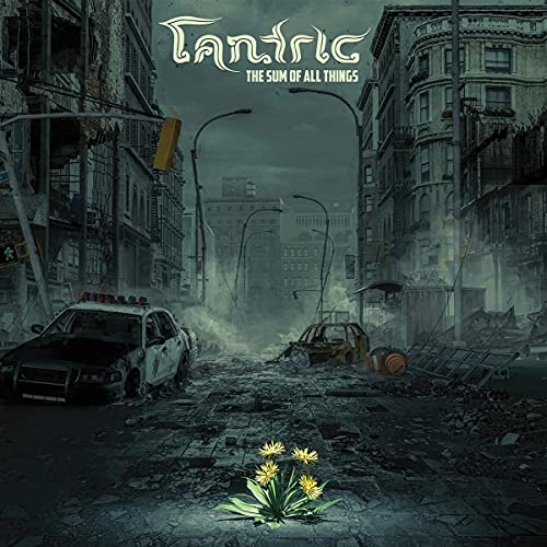 Post-apocalyptic city street with flowers growing from rubble, album cover.