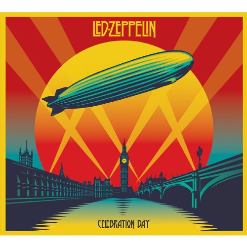 "Album cover featuring a zeppelin over London with red and yellow sunburst background."