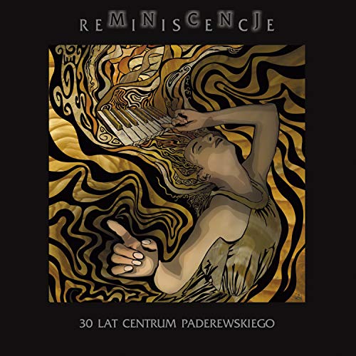"CD cover with a woman playing piano surrounded by swirling patterns on a black background."