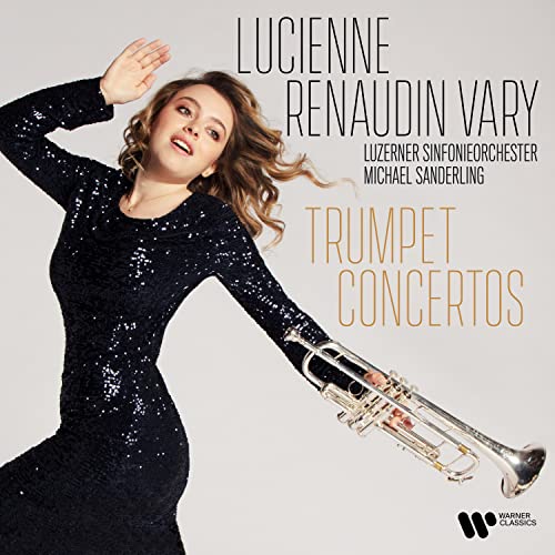 Young woman with trumpet on album cover for “Trumpet Concertos.”