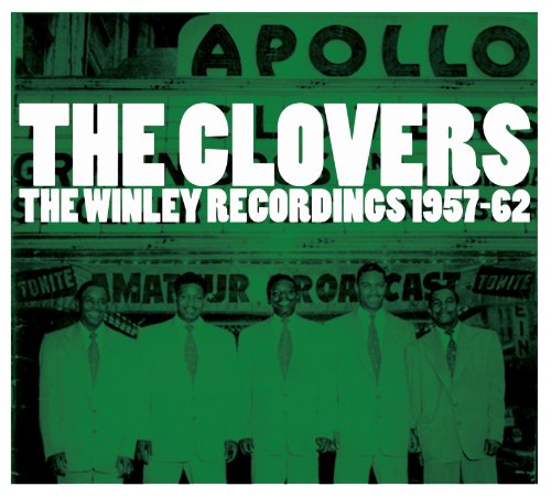 The image depicts a CD cover for "The Clovers - The Winley Recordings 1957-62". Alt text: Green-tinted CD cover featuring five men in suits, with "The Clovers" and "The Winley Recordings" text.