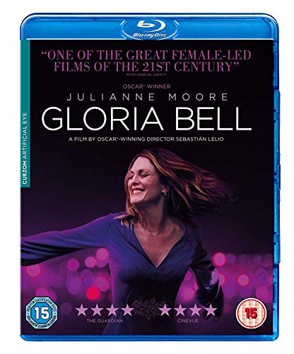 Blu-ray cover for "Gloria Bell" featuring Julianne Moore smiling with lights.