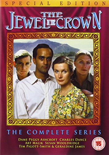 DVD cover for "The Jewel in the Crown" with four actors, red and gold design.