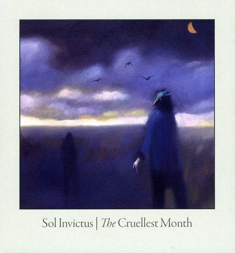 Painted album cover with figures, birds, and a crescent moon in a dark landscape.