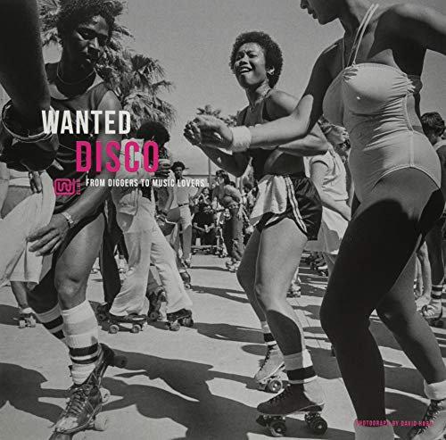 Black and white photo of people roller skating, album cover art.