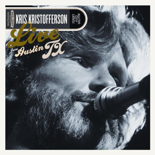 "Kris Kristofferson's album cover featuring a black-and-white close-up of him singing into a microphone."