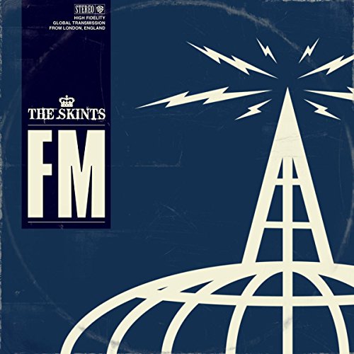 "Album cover with blue background, white radio tower, and 'THE SKINTS FM' text."