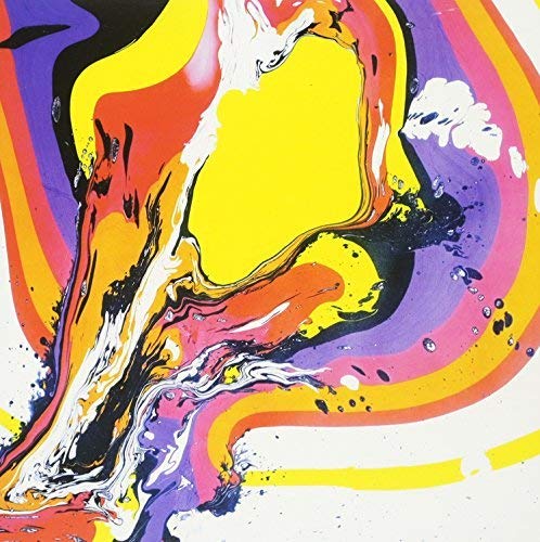 Colorful, swirling abstract paint design on a vinyl record cover.