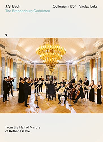 DVD cover for Bachâs Brandenburg Concertos featuring an orchestra in a hall.