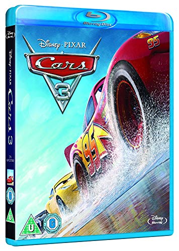 "Blue Blu-ray case with 'Cars 3' cover art featuring animated red and yellow cars."