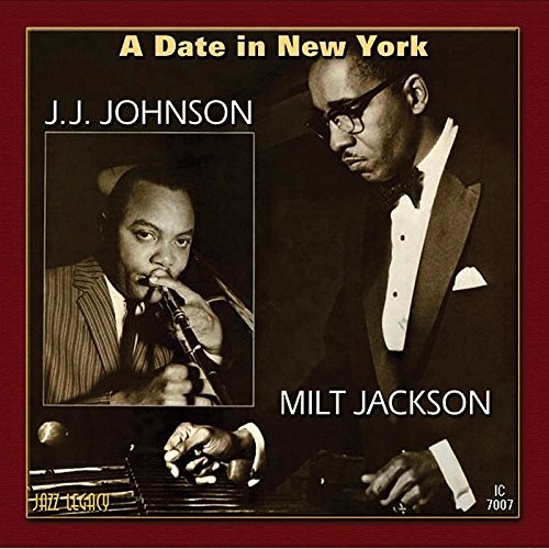 "Album cover with black and white photos of two jazz musicians on a red background."