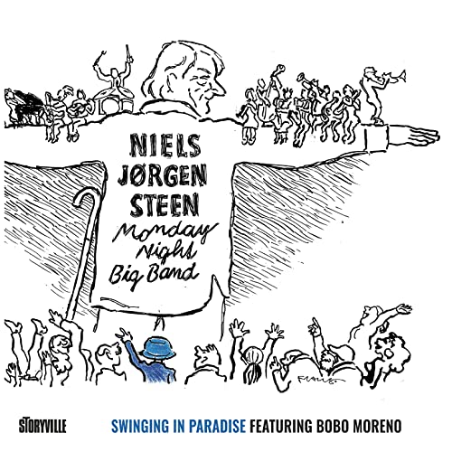 Black and white CD cover with cartoon illustration of people and musicians.