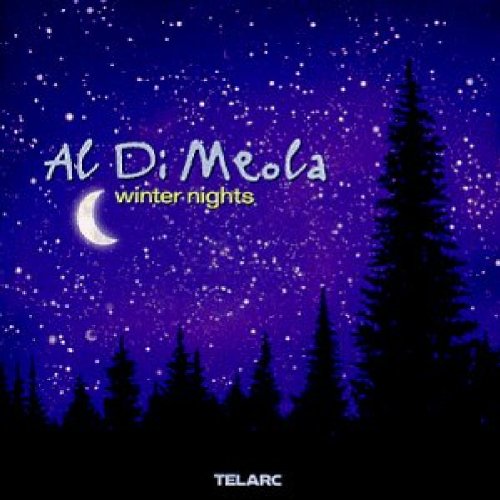 "Album cover with starry night sky, trees, and moon, featuring 'Al Di Meola - Winter Nights'."