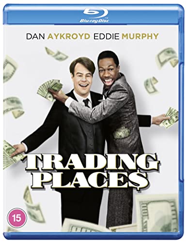 Trading Places" Blu-ray cover featuring Dan Aykroyd and Eddie Murphy with money.
