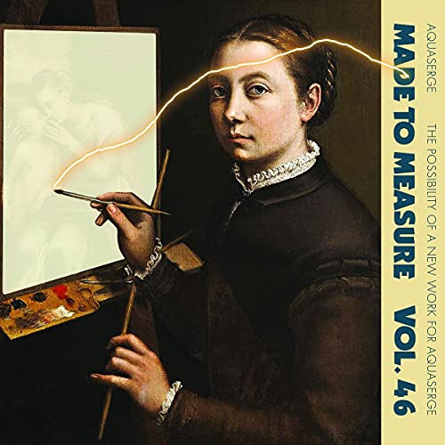 Painting of a woman artist with a canvas and text overlay.