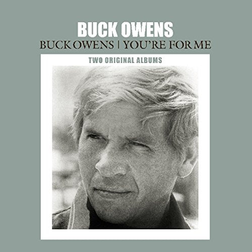 Black and white photo of Buck Owens on a grayish-green vinyl album cover.