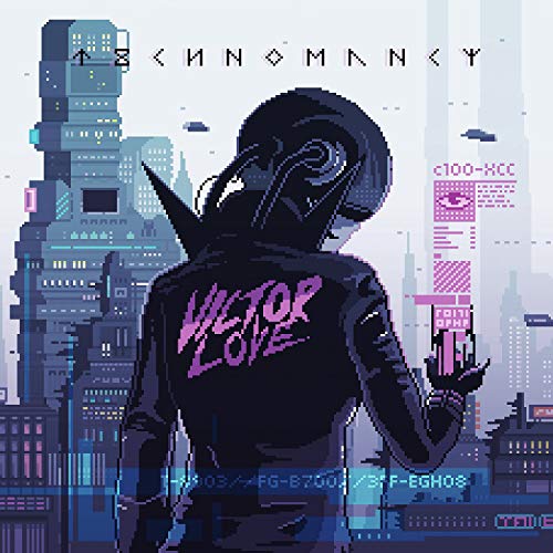 "Pixel art album cover featuring a futuristic character with 'Victor Love' on their jacket."