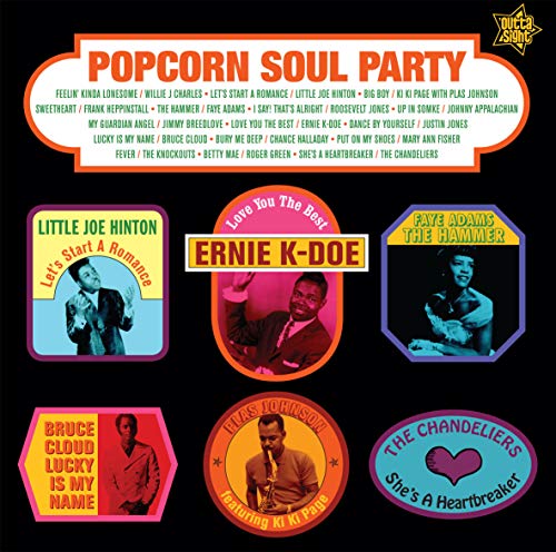 "Vinyl album cover with colorful artist images and song titles on a black background."