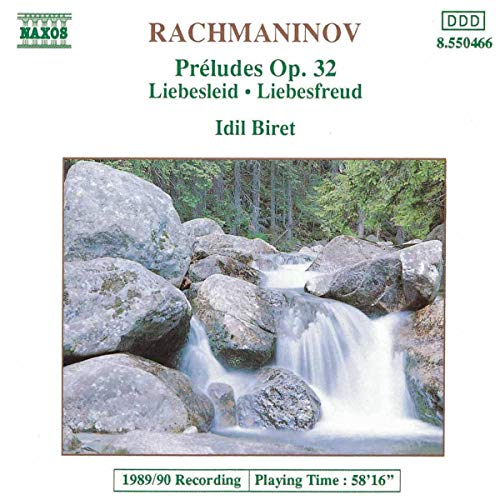 CD cover featuring a waterfall landscape and text: Rachmaninov Preludes, Idil Biret.