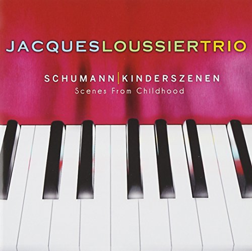 Piano keys against a red background with multicolored text: "Jacques Loussier Trio, Schumann".