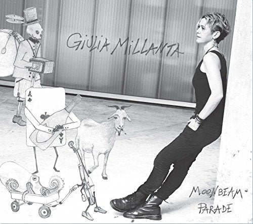 Black and white album cover with woman and surreal illustrations.