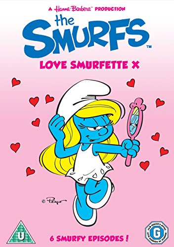 DVD cover featuring Smurfette holding a mirror, surrounded by hearts on a pink background.