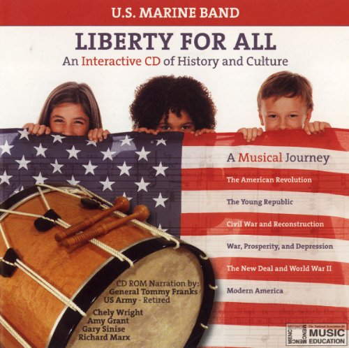 "CD cover with children holding American flag, drum, and text listing historical periods."