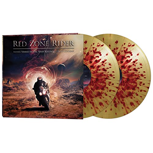 Vinyl album cover with a motorcyclist and two gold/red splatter records.