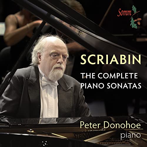 Peter Donohoe at a Steinway piano, CD cover for Scriabin sonatas.
