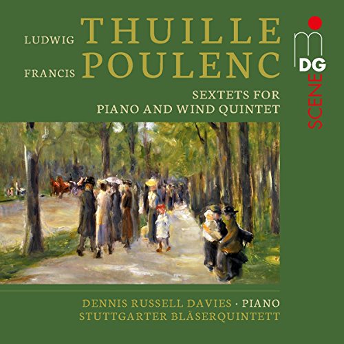 CD cover with green background, painting of people walking in a park.