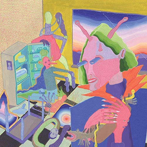 "Album cover art: surreal illustration of a man at a desk with fantastical creatures."