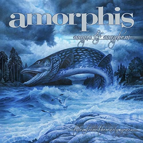 Album cover for Amorphis' "Magic And Mayhem" featuring a large fish and stormy water.