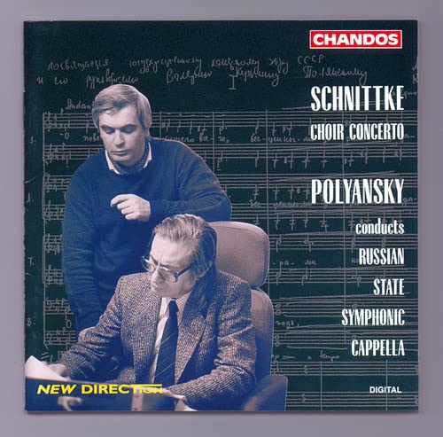 CD cover featuring two men and musical notation, titled "Schnittke: Choir Concerto".