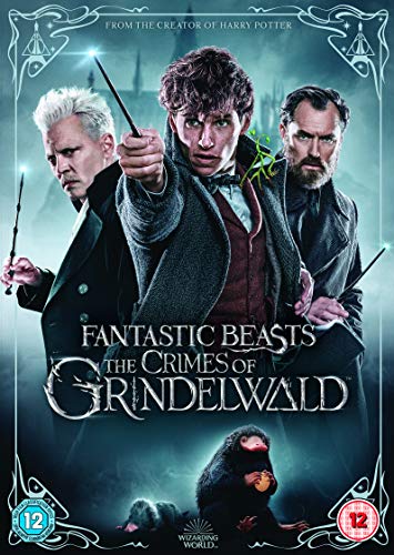 DVD cover for "Fantastic Beasts: The Crimes of Grindelwald" featuring three wizards.