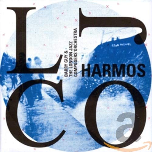 CD cover for “Harmos” by Guy Barry, featuring abstract blue and white design.