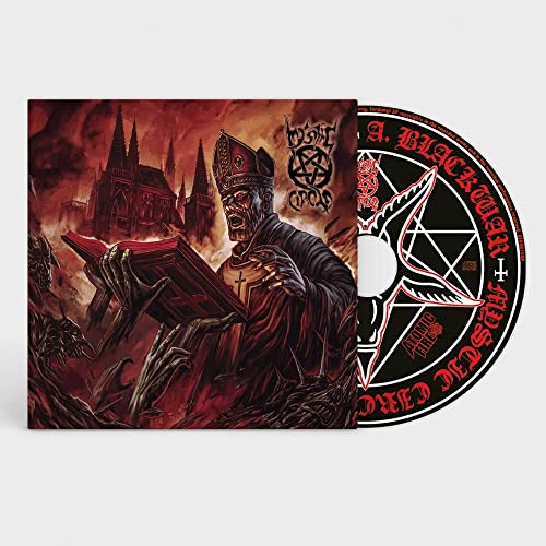 CD cover with a gothic cathedral, demonic figure, and pentagram design.