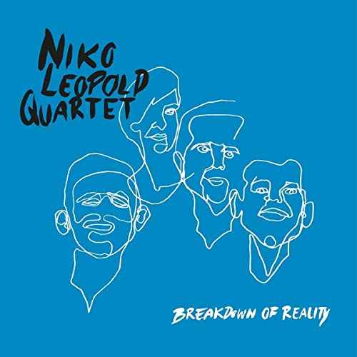 Blue album cover with white line drawings of four men's faces and black text.