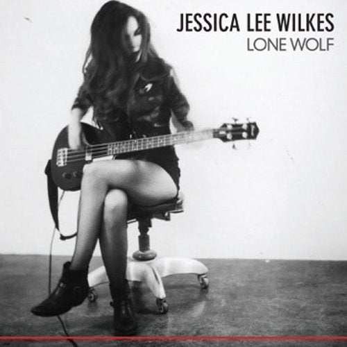 Black and white CD cover featuring a woman playing bass on a rolling chair.