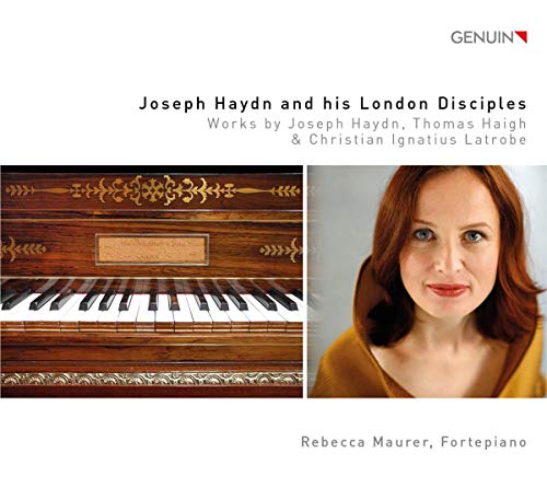 CD cover featuring a pianist, Rebecca Maurer, and a fortepiano.