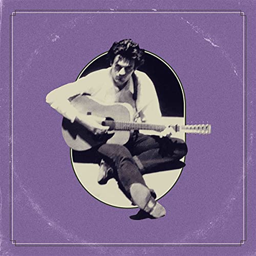 Man playing acoustic guitar, sepia tone, on lavender square background.