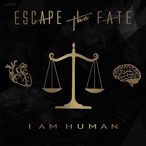"Album cover with gold scales, heart, and brain on a black background."