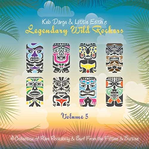 "Album cover with tiki masks on a sunset background with palm fronds."