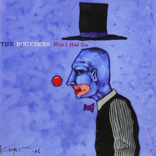 "Album cover art: blue man in vest and hat, blowing red ball, on blue background."