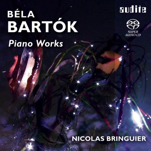 CD cover featuring piano keys and sparkles, titled "BÉLA BARTÓK Piano Works" by Nicolas Bringuier.