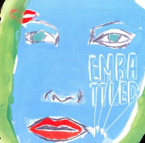 Blue face with red lips and eyes, bold white text "EMBATTLED".