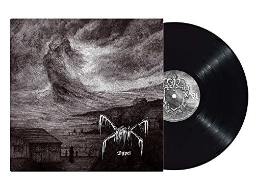 Black vinyl record and album cover with a dark, illustrated landscape.
