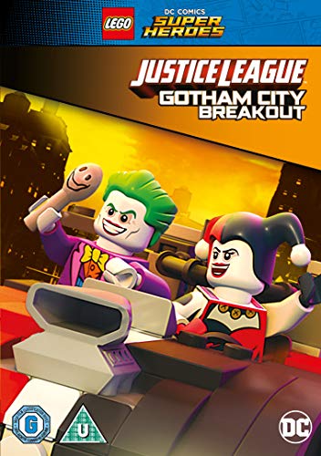 LEGO DVD cover featuring Joker and Harley Quinn in a vehicle, cityscape in the background.